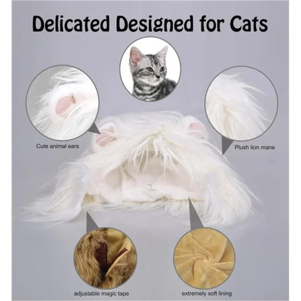 Lion Mane Wig for Cats | Funny Pet Clothing Accessories | Size M White